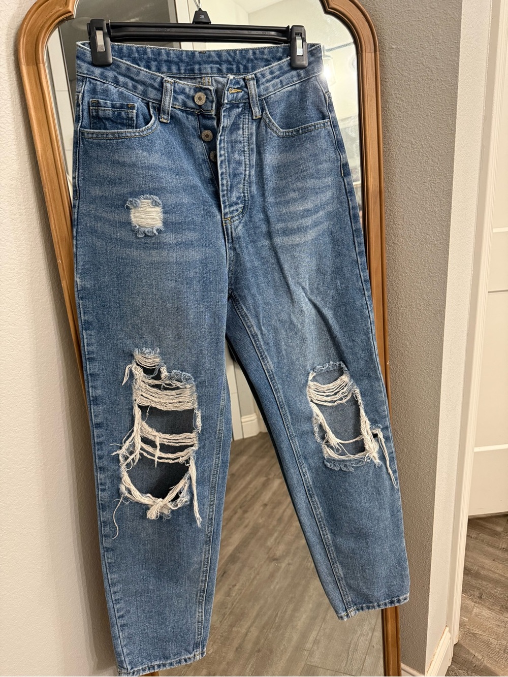 High-Rise Distressed Blue Denim Jeans